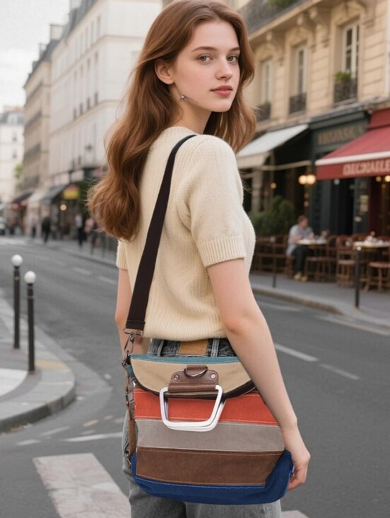 Handbags - Women’s Multi-Stripe Canvas Crossbody Bag - Beige, Orange, Brown, Blue